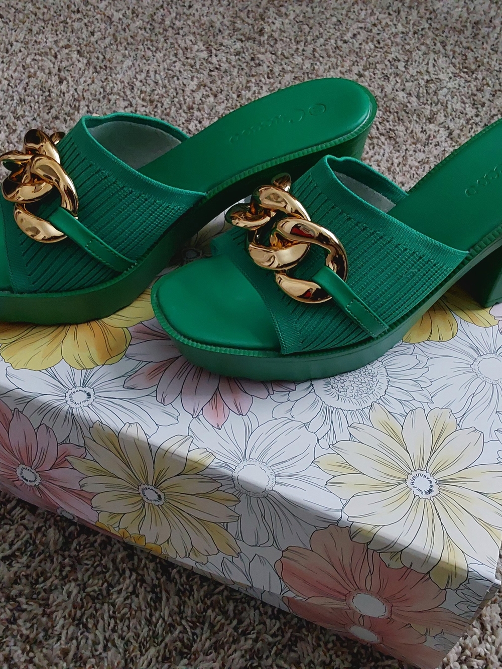 Green Block Heel Slide Sandals with Gold Chain Accent